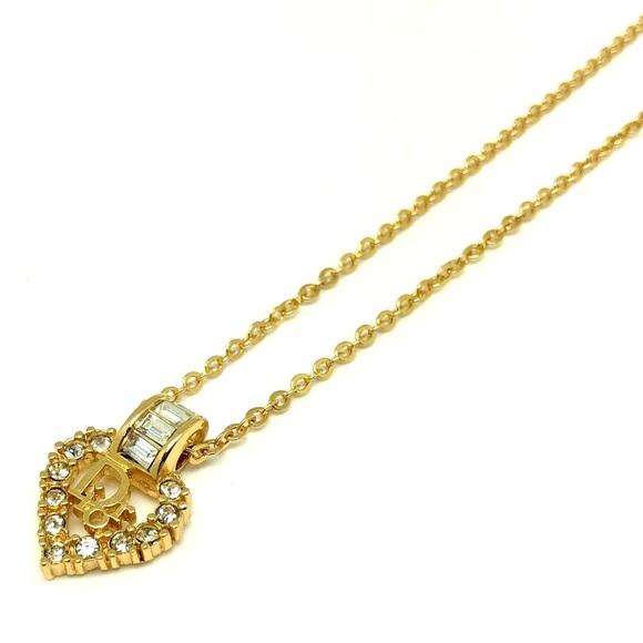 CHRISTIAN DIOR necklace gold logo heart rhinestone lady's accessories - Picture 1 of 8